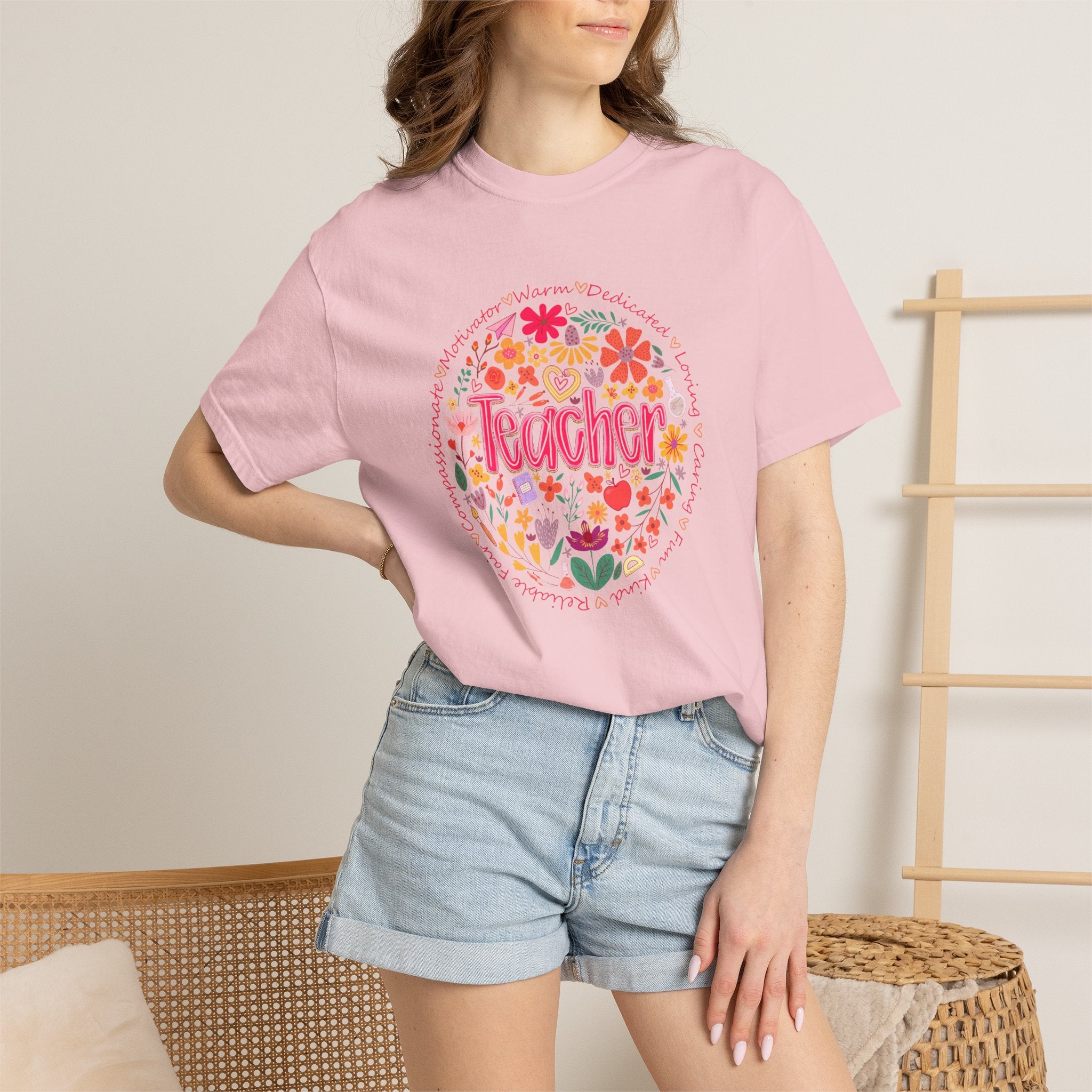 Teacher Floral Circle T-Shirt | Handlettered Teacher Typography, Bright Flower Design