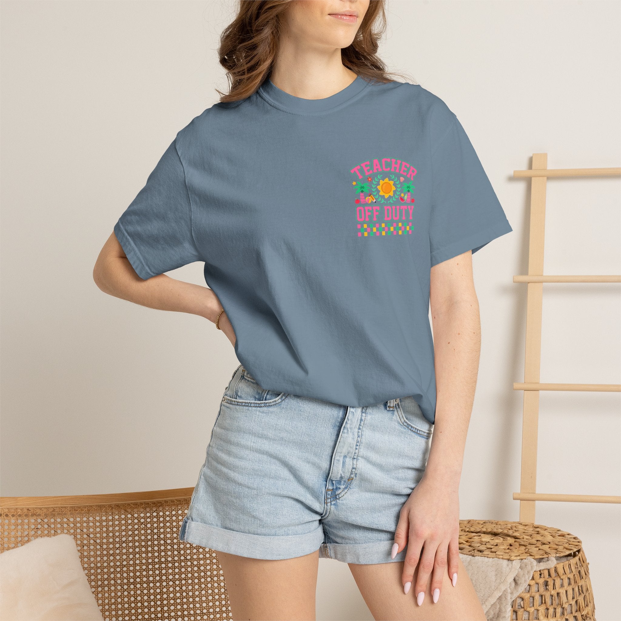 Teacher Off Duty T-Shirt | Beach Sun Palm Trees Retro Checkerboard