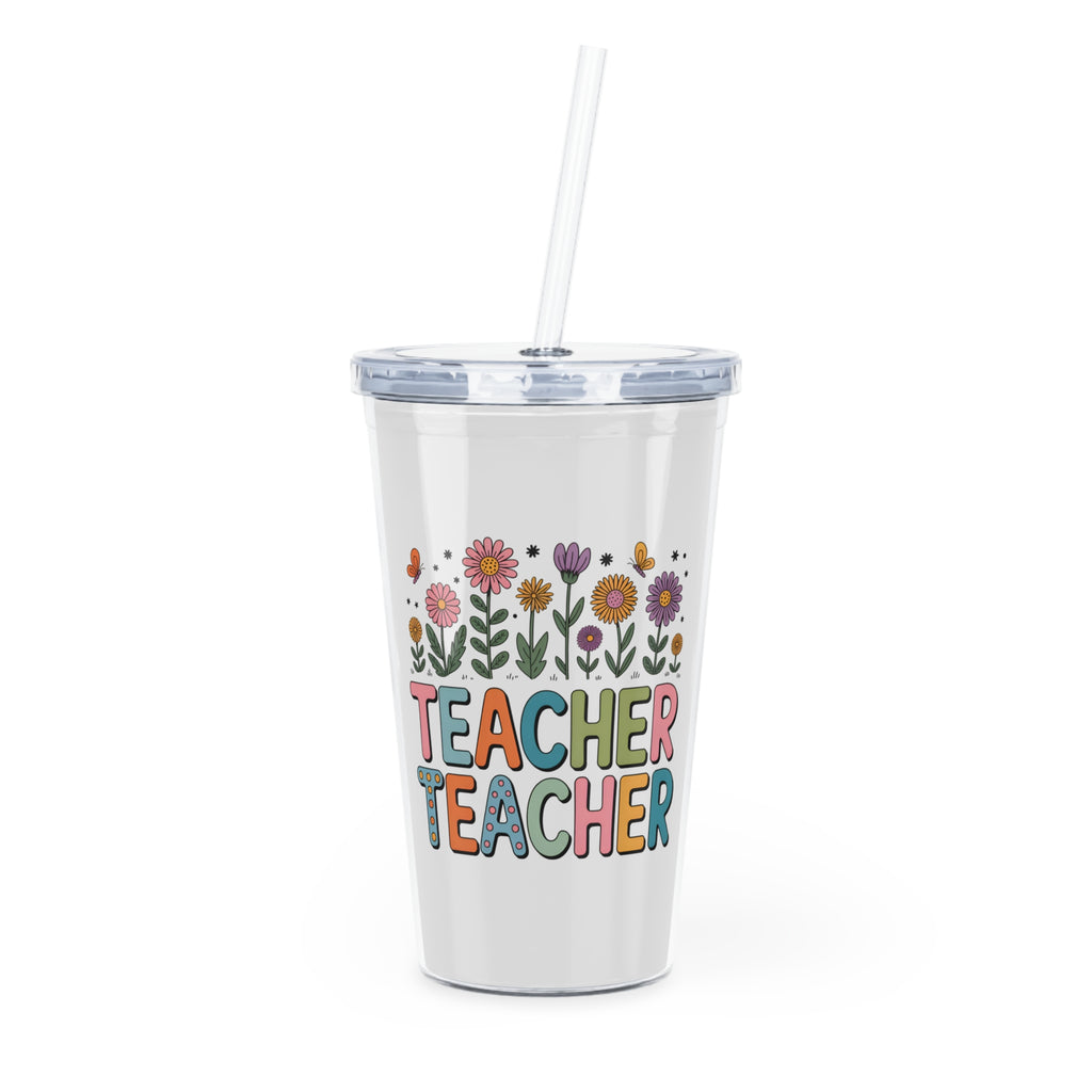 Teacher Tumbler with Floral Design – Double-Wall Straw Cup