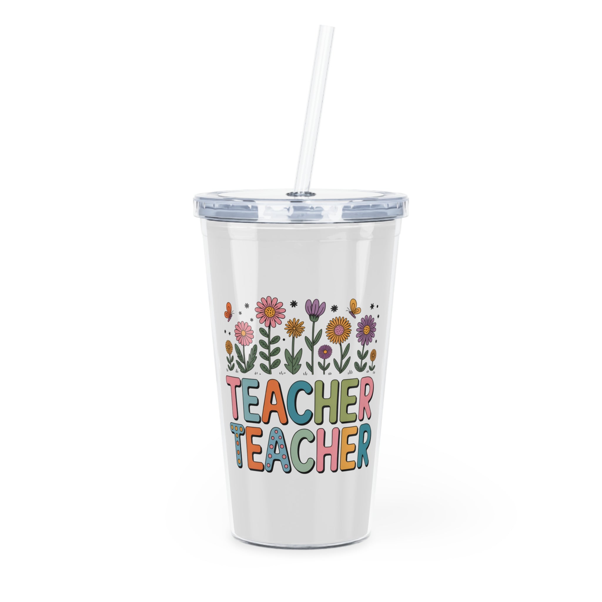 Teacher Tumbler with Floral Design – Double-Wall Straw Cup