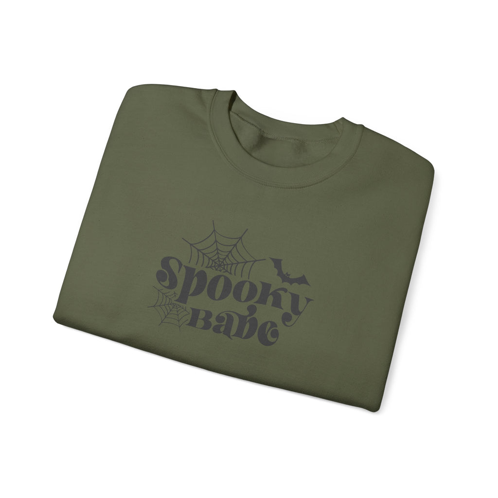 Spooky Babe Crewneck Sweatshirt — Halloween Spiderweb & Bat Graphic