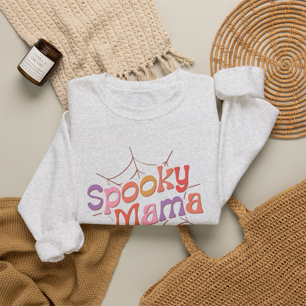 Spooky Mama Sweatshirt — Halloween Mom Crewneck with Retro Spiderweb Design