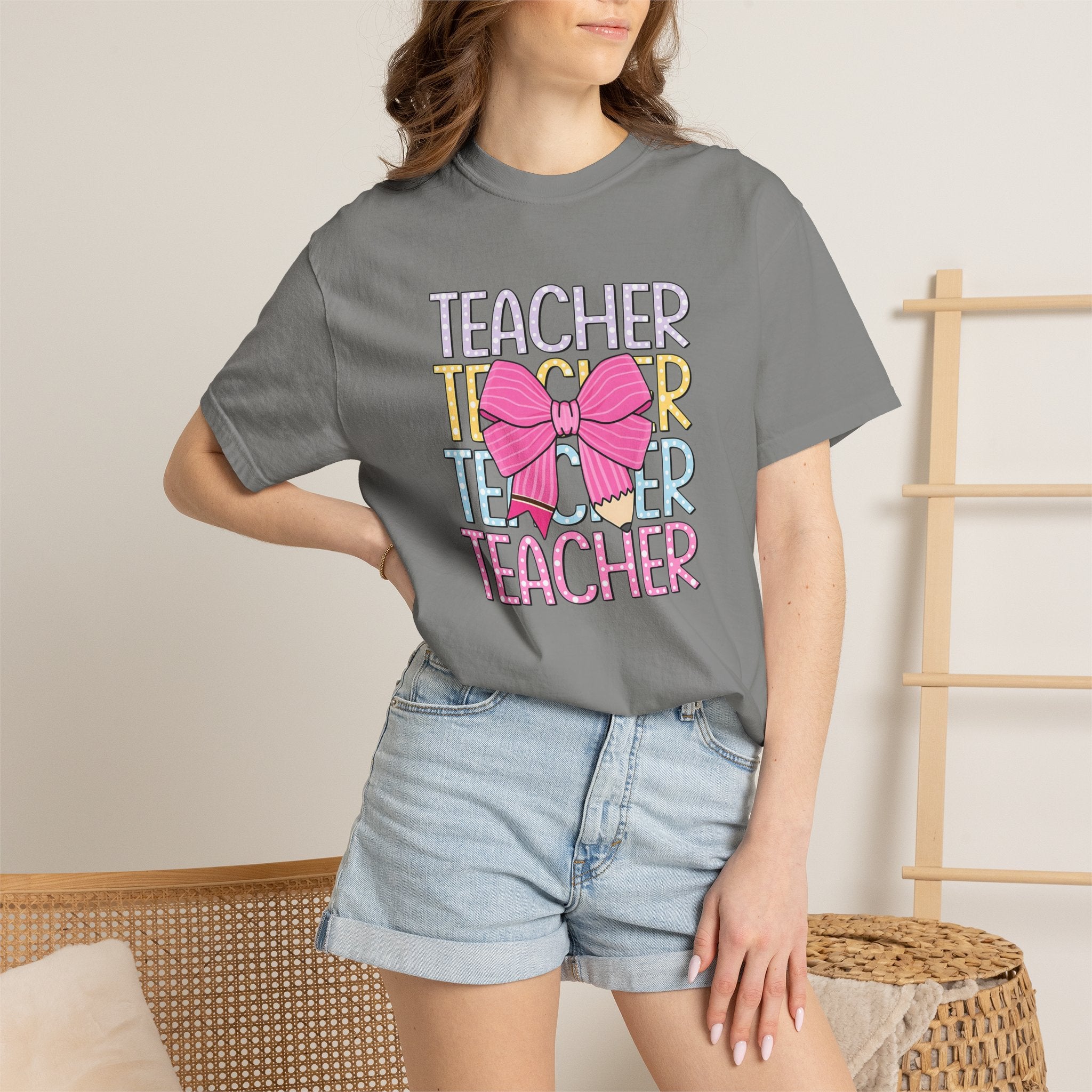 Teacher Stack with Pink Bow T-shirt | Teacher Typography Shirt