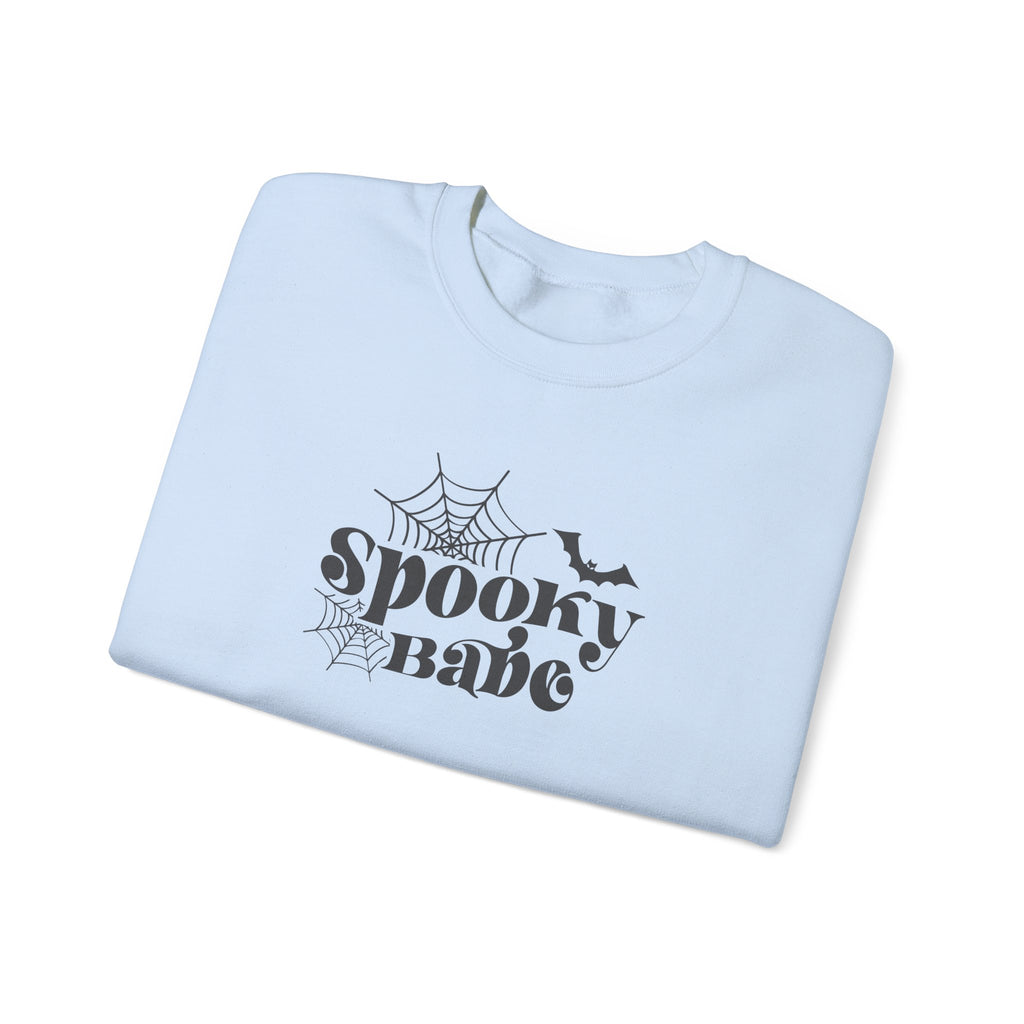 Spooky Babe Crewneck Sweatshirt — Halloween Spiderweb & Bat Graphic