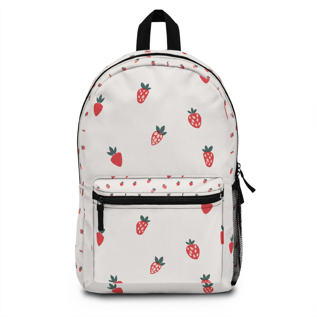 Strawberry Pattern Backpack — Cute White Fruit Print School Bag