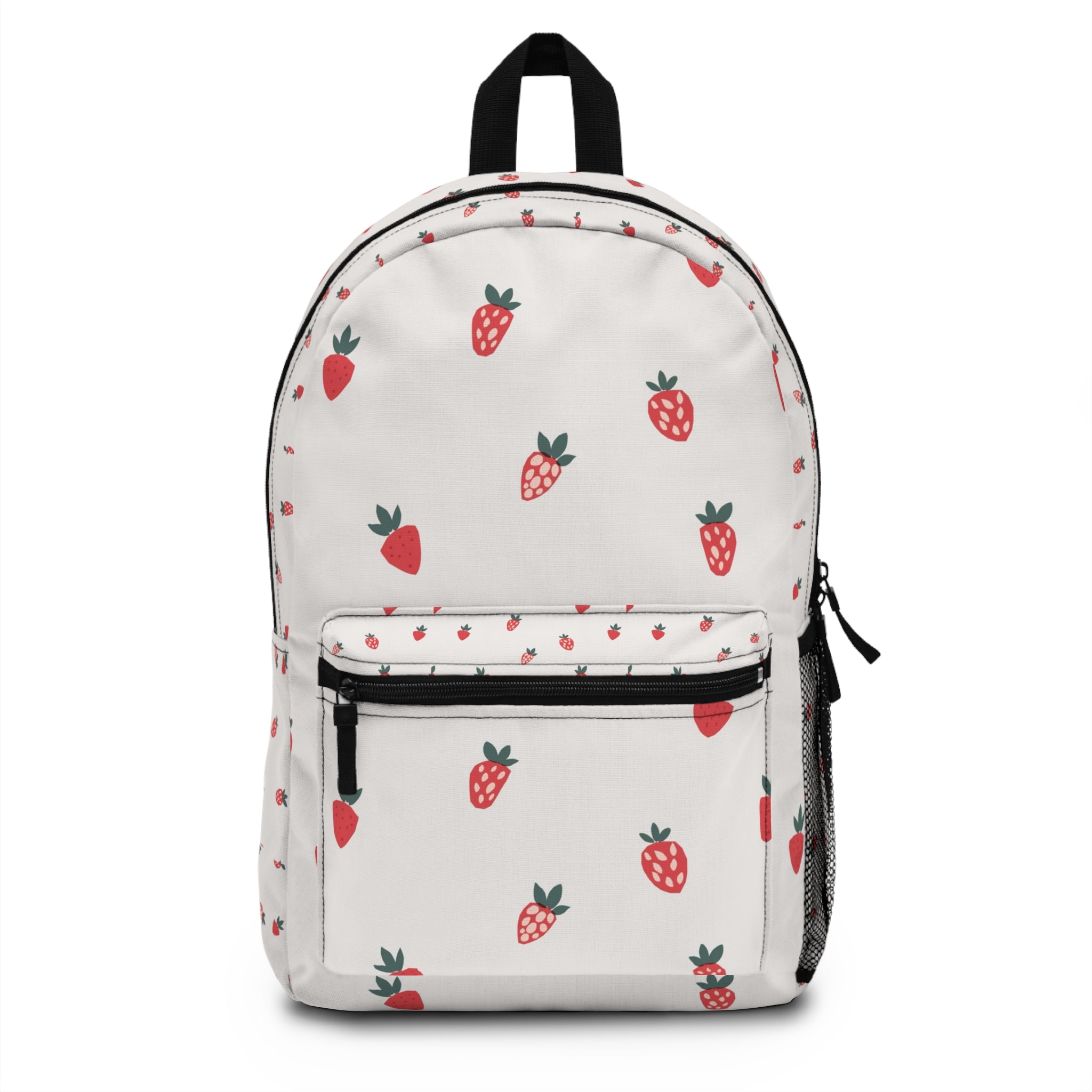 Strawberry Pattern Backpack — Cute White Fruit Print School Bag