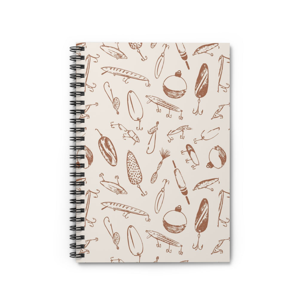 Fishing Lures Spiral Notebook — Hand-Drawn Tackle Pattern, Ruled Journal for Anglers