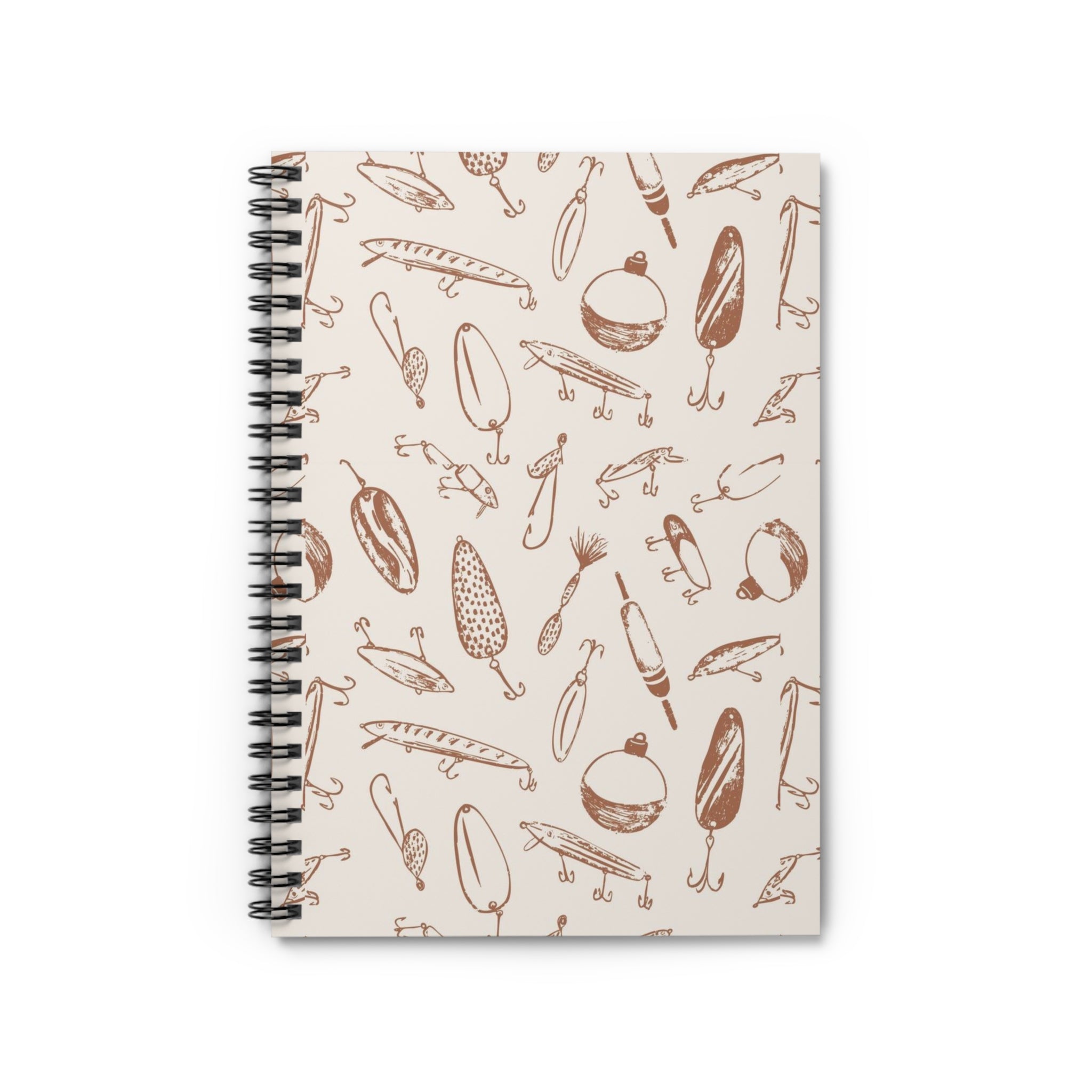 Fishing Lures Spiral Notebook — Hand-Drawn Tackle Pattern, Ruled Journal for Anglers