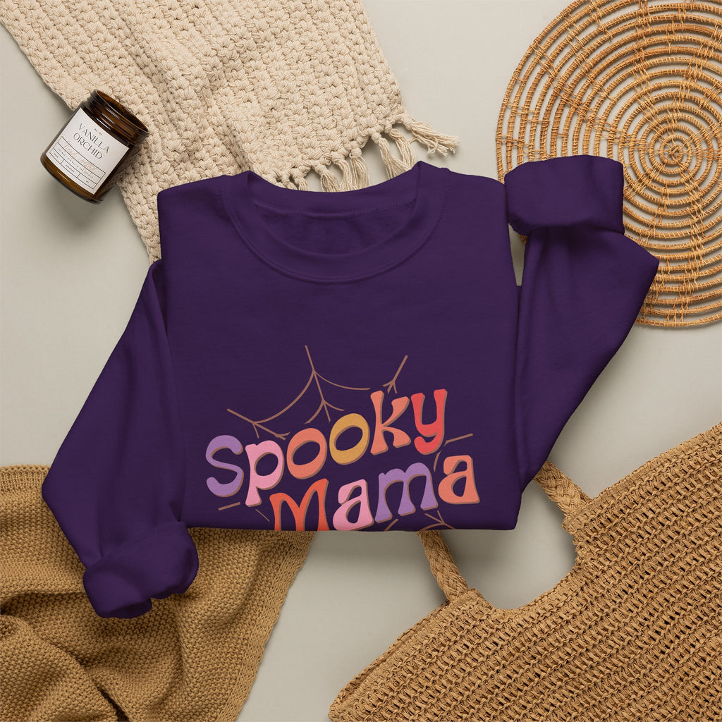 Spooky Mama Sweatshirt — Halloween Mom Crewneck with Retro Spiderweb Design