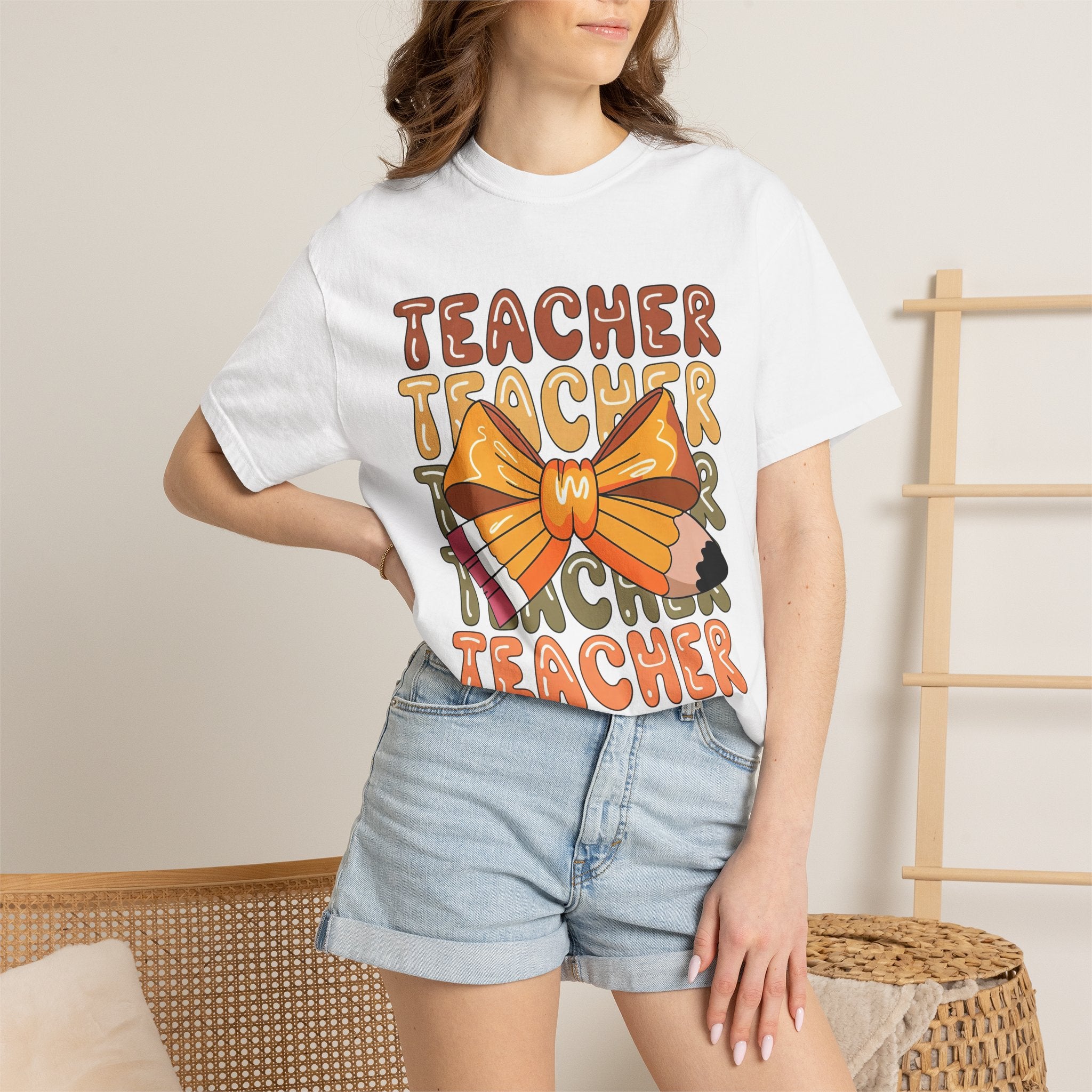 Teacher Bow Graphic T-Shirt — Cute Pencil & Ribbon Teacher Shirt for Educators