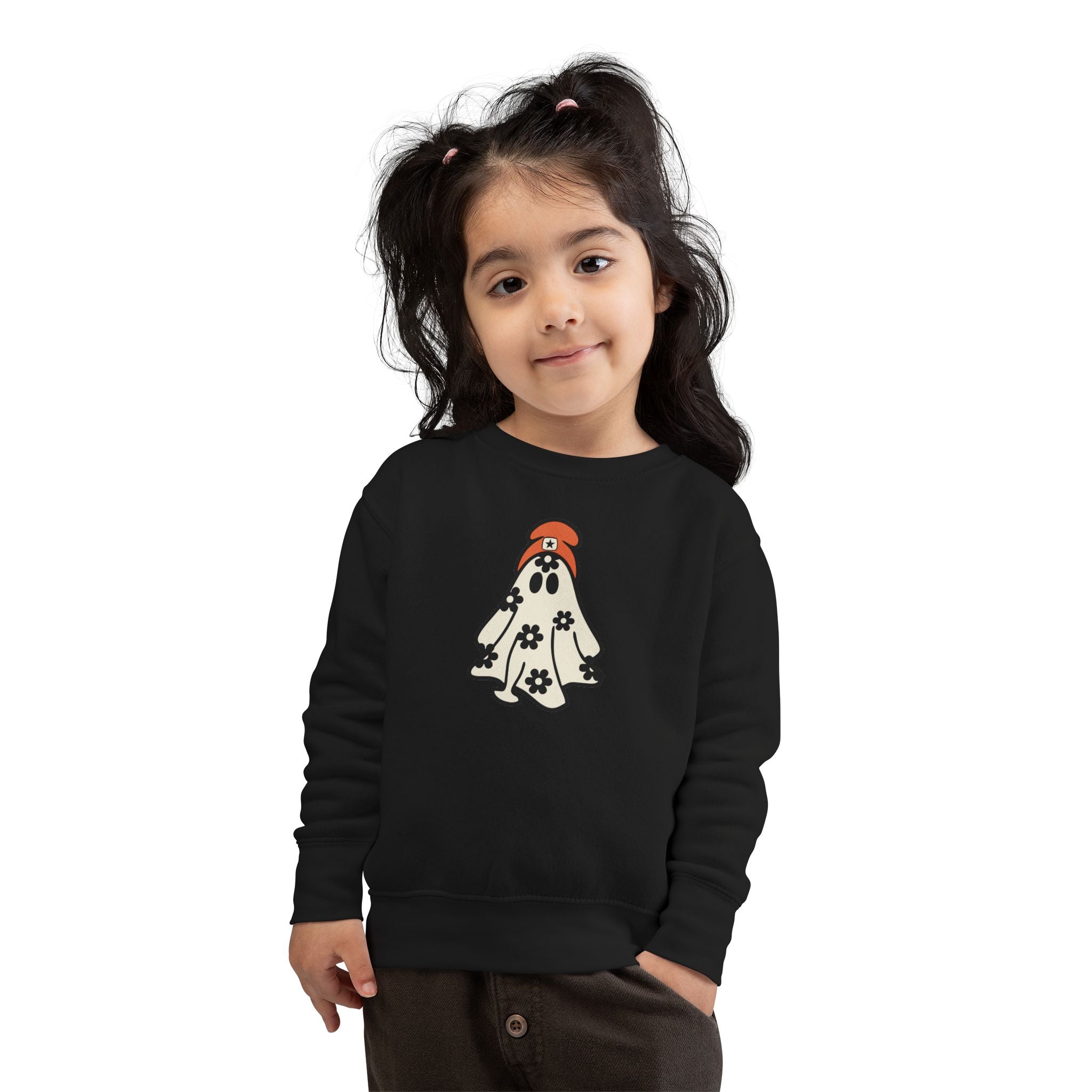 Toddler Sweatshirt — Cute Flower Ghost with Orange Beanie Kids Pullover