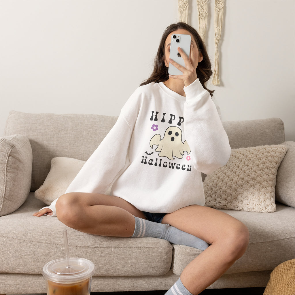 Hippie Halloween Crewneck Sweatshirt — Cute Retro Ghost Graphic