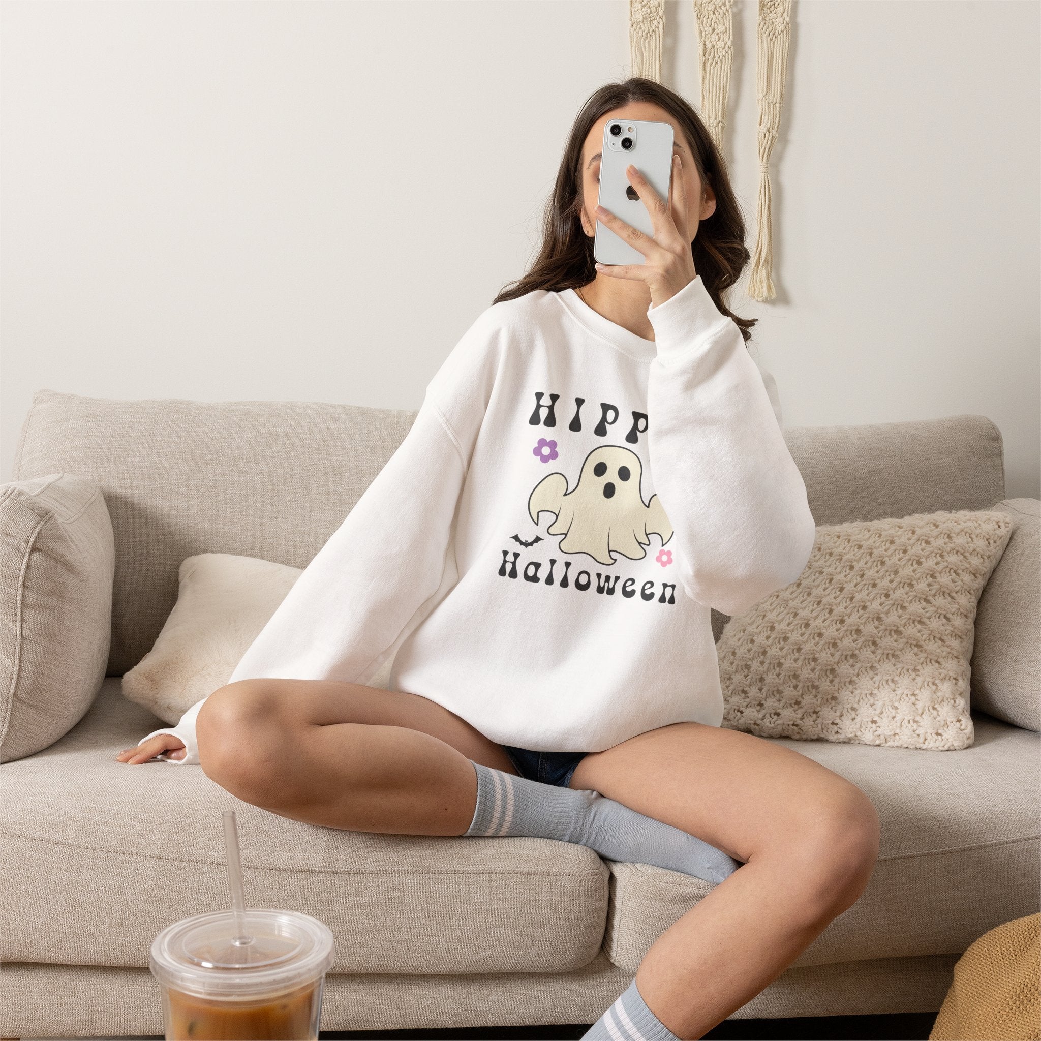 Hippie Halloween Crewneck Sweatshirt — Cute Retro Ghost Graphic