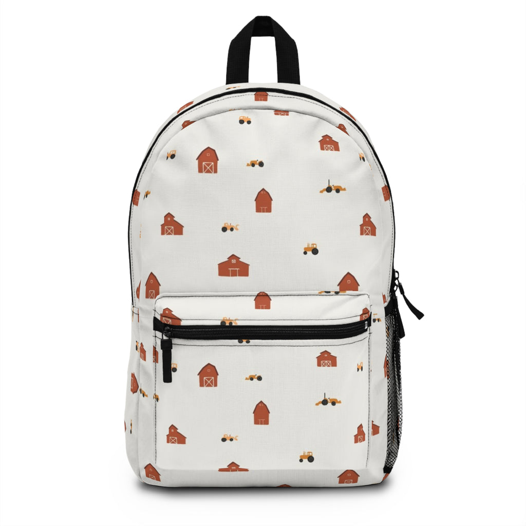 Minimalist Farmhouse Pattern Backpack – Cute Red Barn & Tractor Kids School Bag