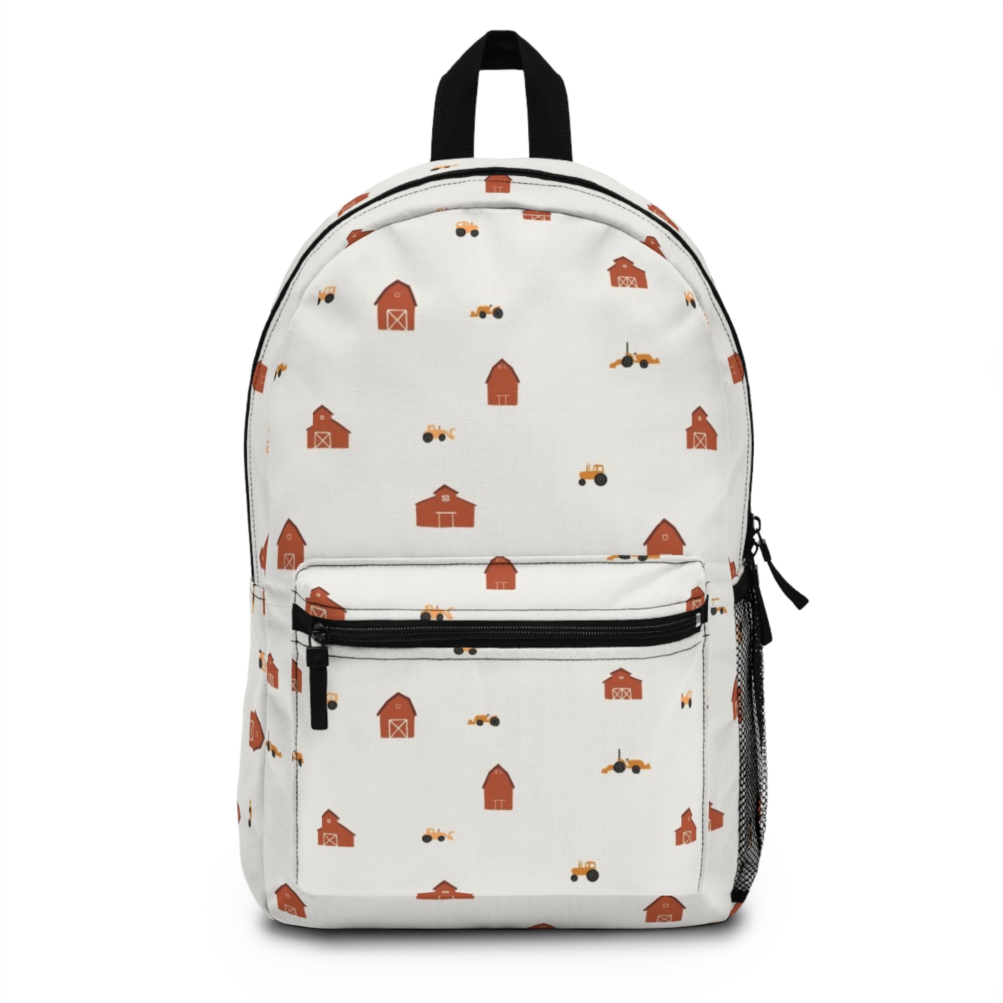 Minimalist Farmhouse Pattern Backpack – Cute Red Barn & Tractor Kids School Bag
