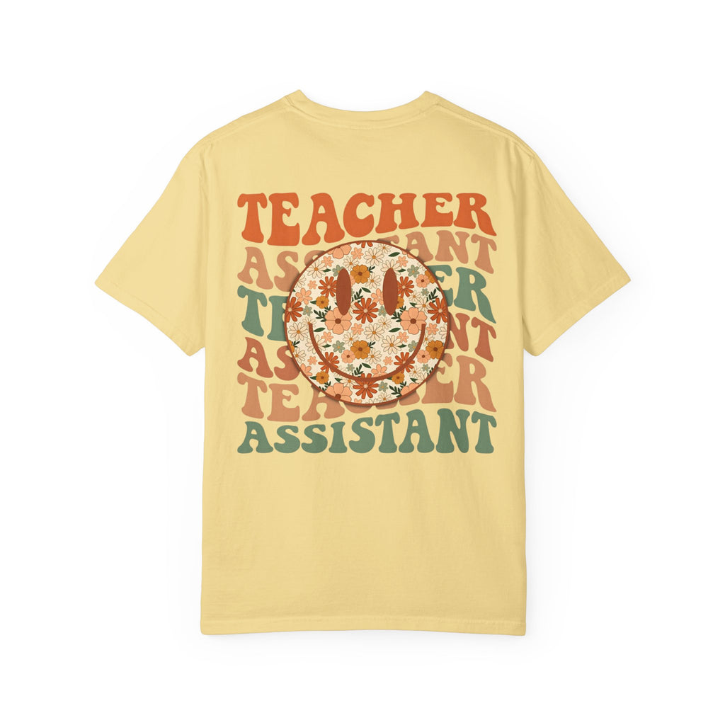 Teacher Assistant Floral Smiley T-Shirt | Retro Typography, Fall Colors
