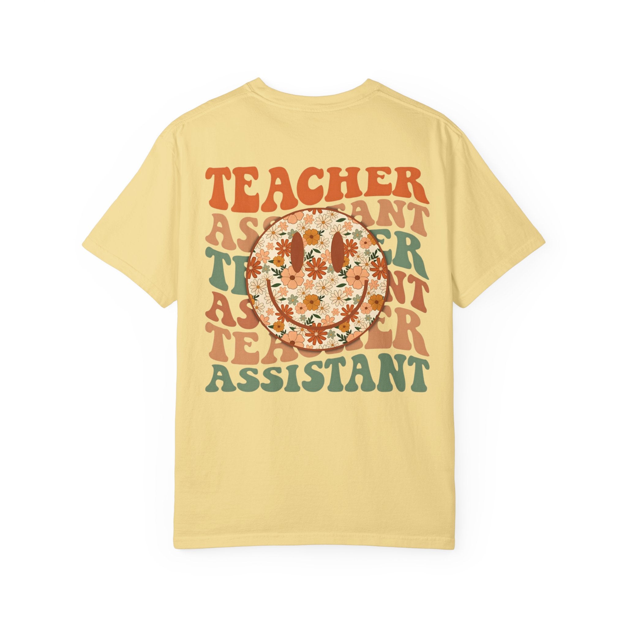Teacher Assistant Floral Smiley T-Shirt | Retro Typography, Fall Colors
