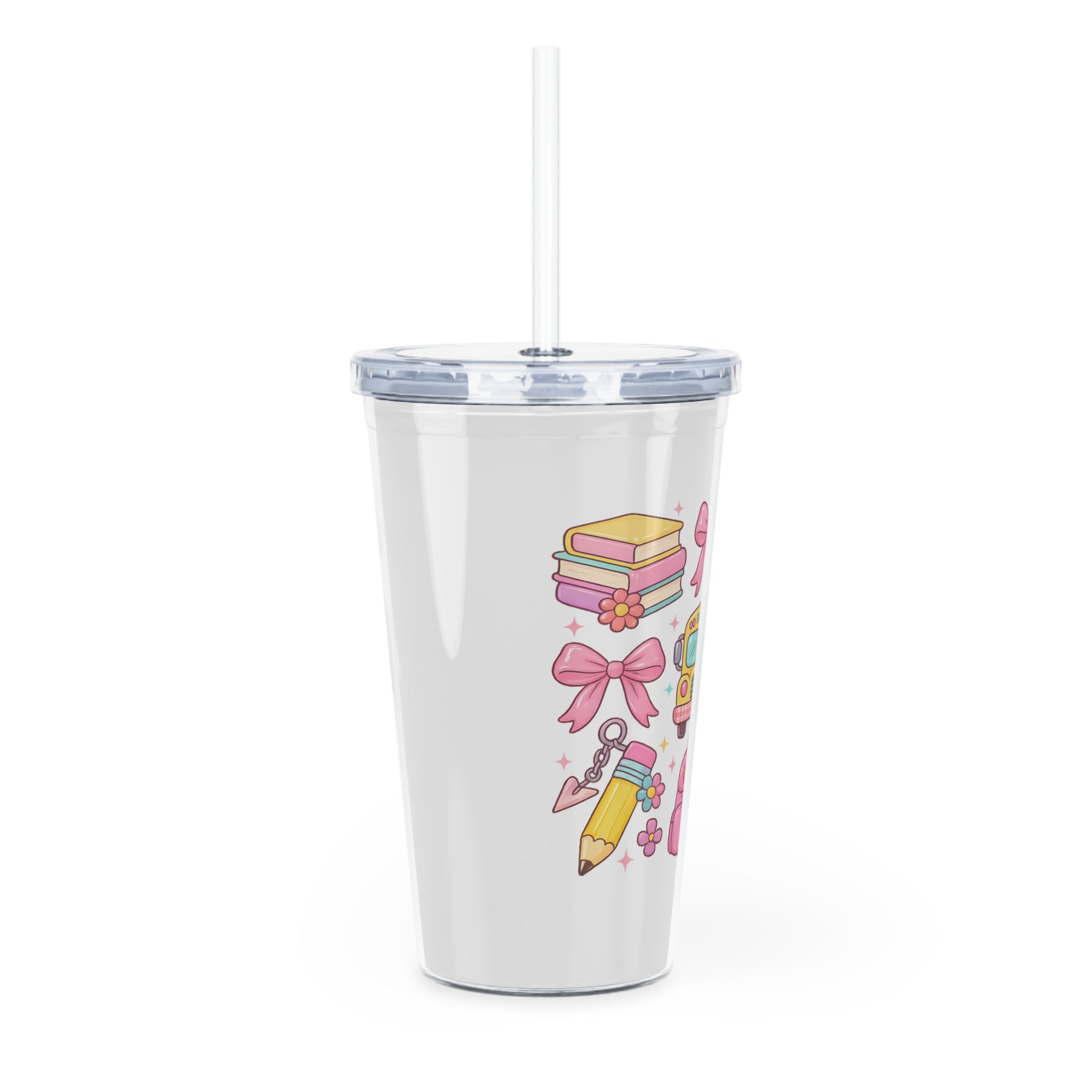School Supplies Plastic Tumbler with Straw — Cute Pink Backpack, Bus & Pencil Design