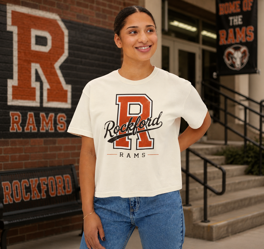 Rockford Rams Cropped Boxy Tee — Vintage Collegiate P Logo