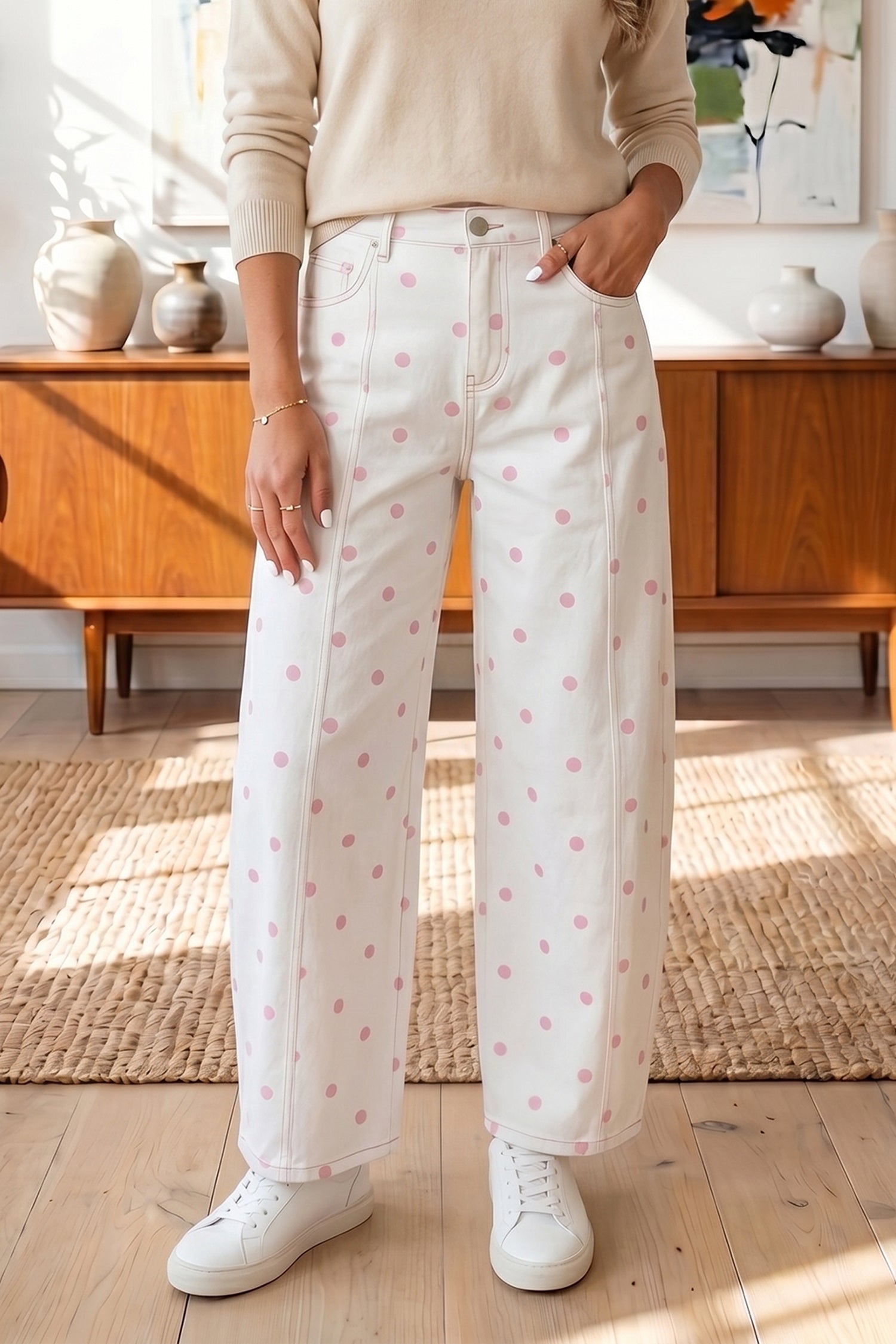 Blue Tailored Seam Polka Dot Print Barrel Casual Jeans