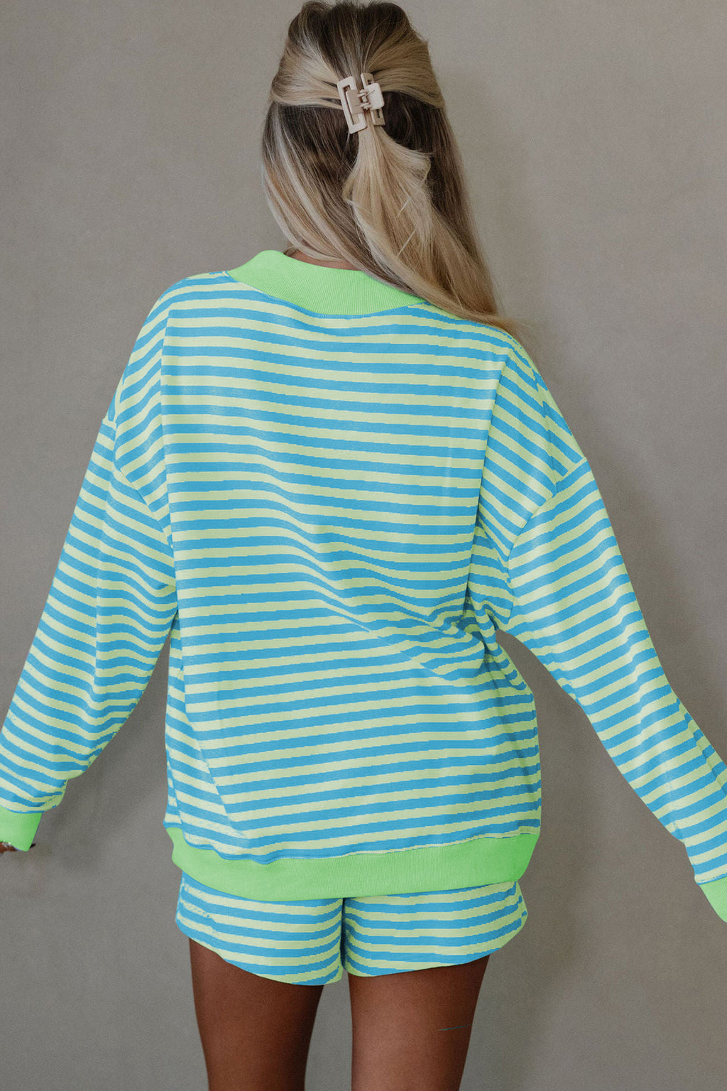 Pink Stripe Color Block Detail Long Sleeve Pullover Elastic Waist Pull On Shorts 2pcs Set