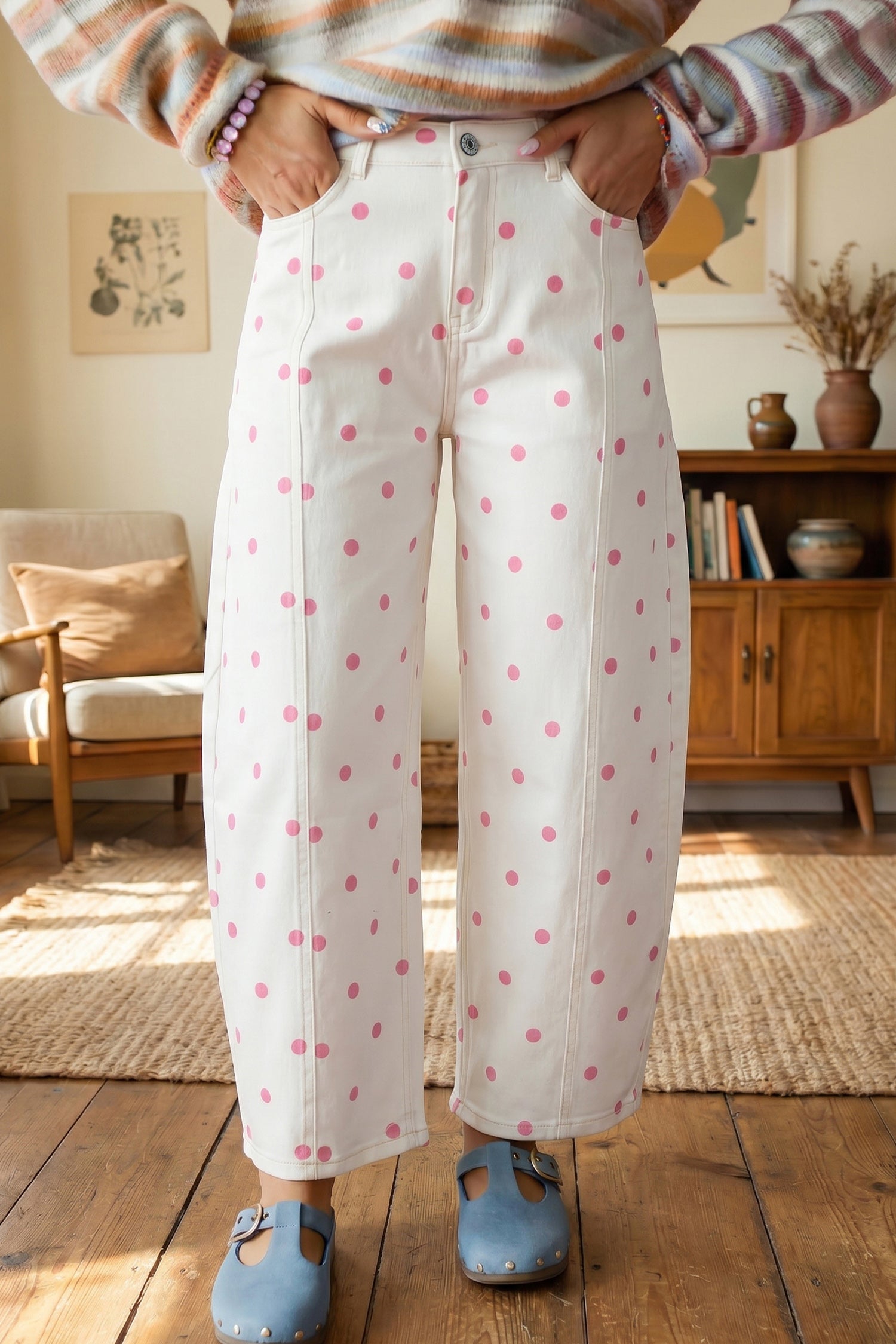 Blue Tailored Seam Polka Dot Print Barrel Casual Jeans