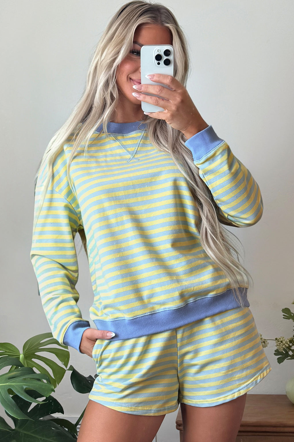 Pink Stripe Color Block Detail Long Sleeve Pullover Elastic Waist Pull On Shorts 2pcs Set