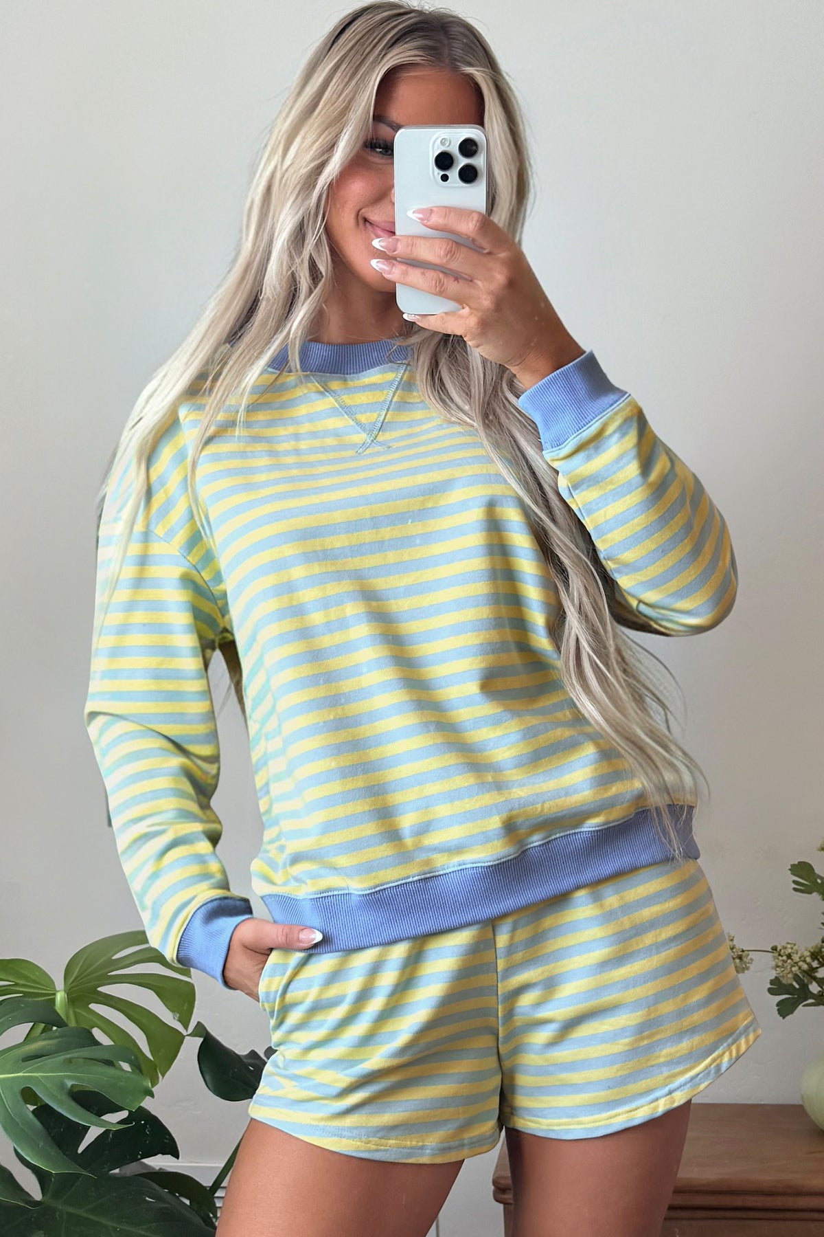 Pink Stripe Color Block Detail Long Sleeve Pullover Elastic Waist Pull On Shorts 2pcs Set