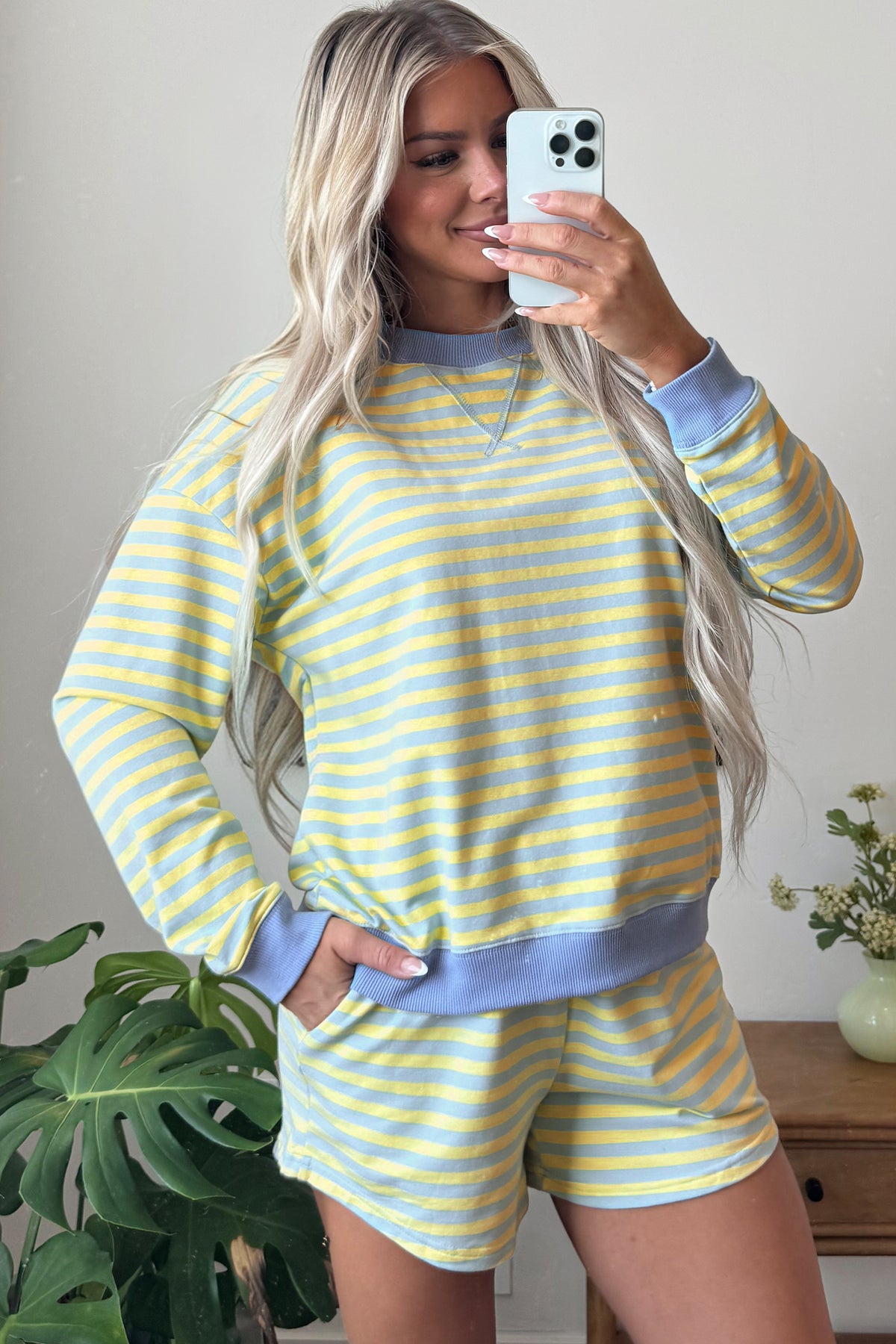 Pink Stripe Color Block Detail Long Sleeve Pullover Elastic Waist Pull On Shorts 2pcs Set