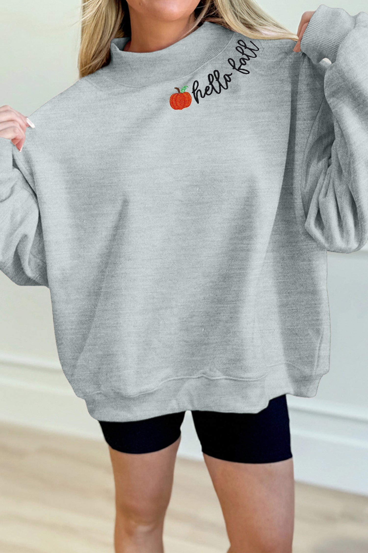 Gray hello fall Embroidered Pumpkin Detail Mock Neck Sweatshirt