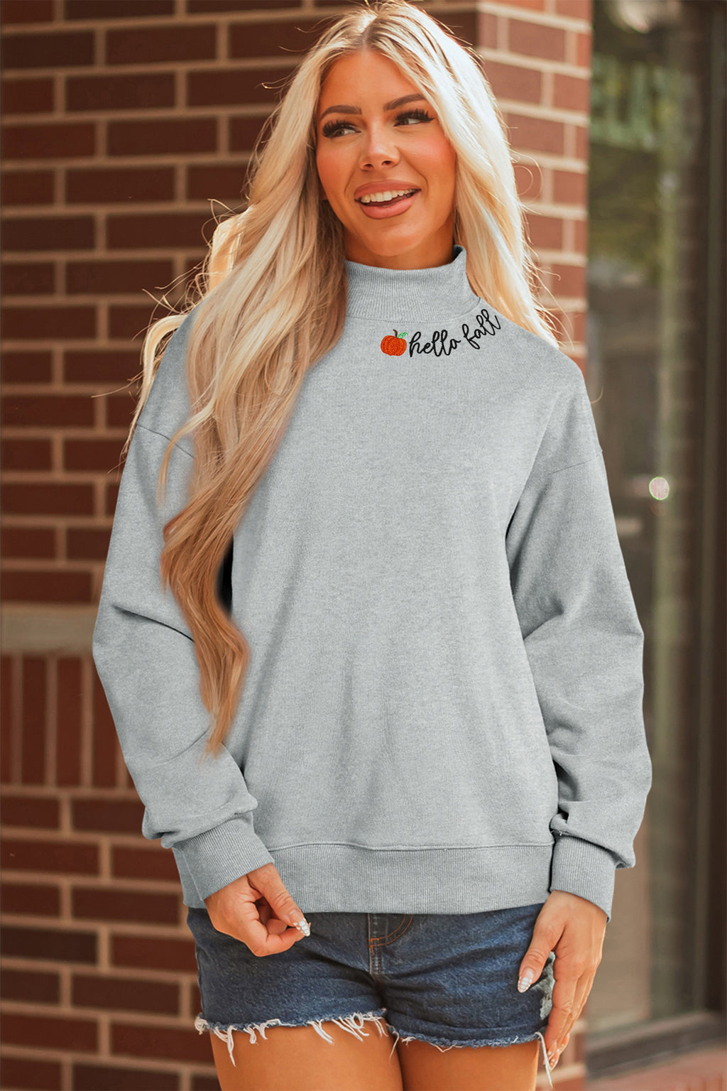 Gray hello fall Embroidered Pumpkin Detail Mock Neck Sweatshirt