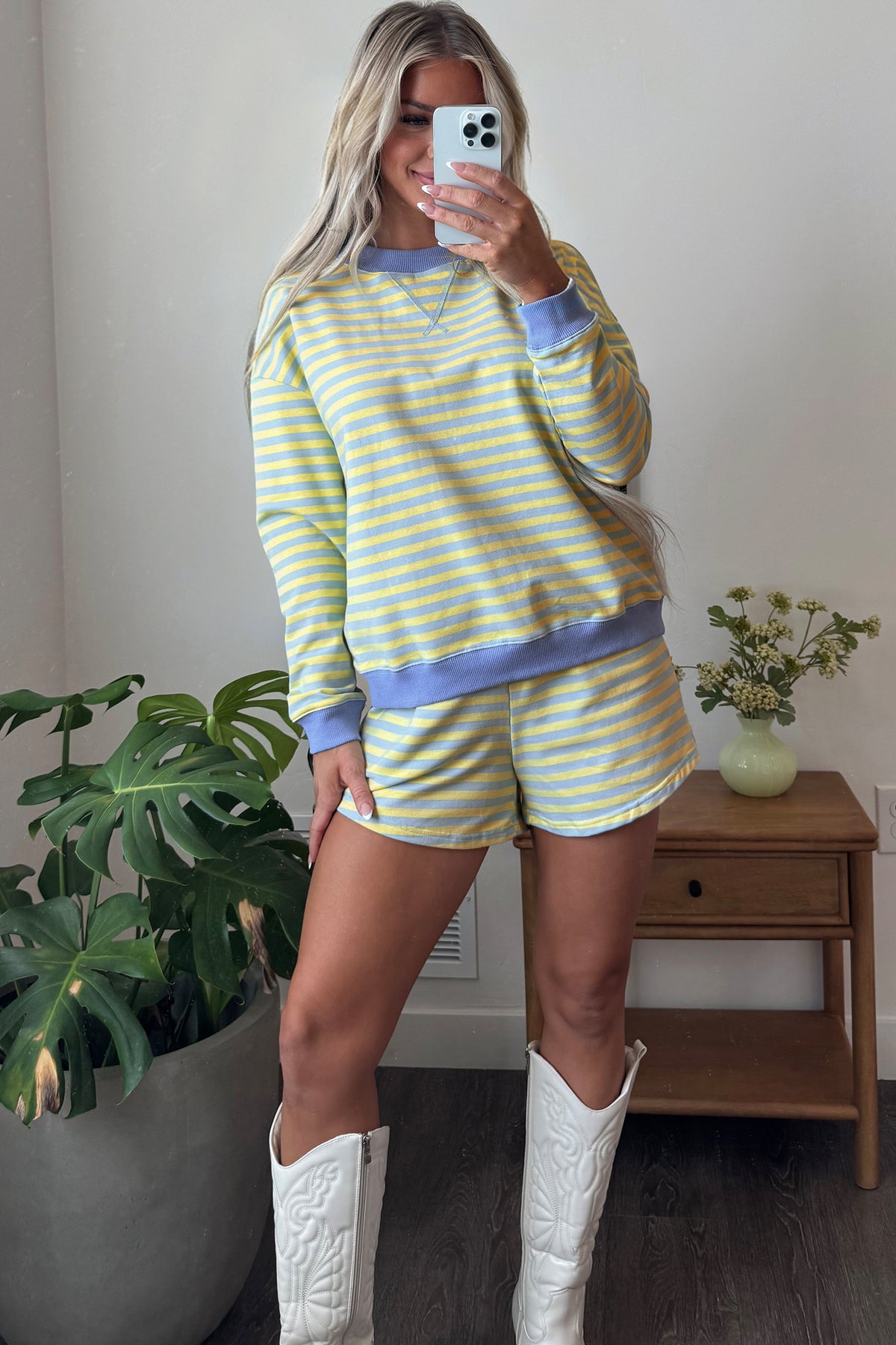 Pink Stripe Color Block Detail Long Sleeve Pullover Elastic Waist Pull On Shorts 2pcs Set